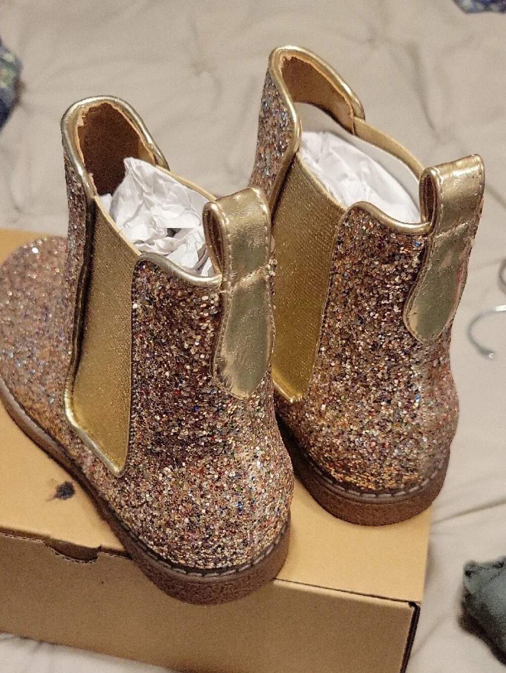 Crewcuts Girls' Glitter Chelsea Boots - Multi Gold Sparkle Sz 2